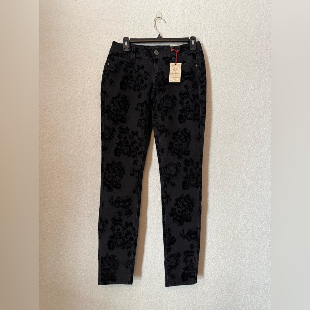 Decree Jeans Womens Size 3 Black Floral Flocked Low Rise Super Skinny